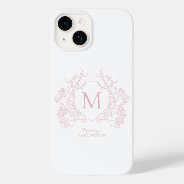 Rosa blütenrosa Wappen Monogramm Case-Mate iPhone 14 Hülle (Rückseite)