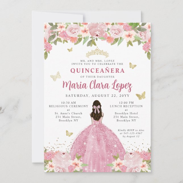 Rosa Blütenschmetterling Princess Quinceanera Einladung (Vorderseite)