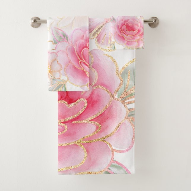 Rosa Blütenschmetterlinge aus Gold Glitzer Weiß Badhandtuch Set (Insitu)