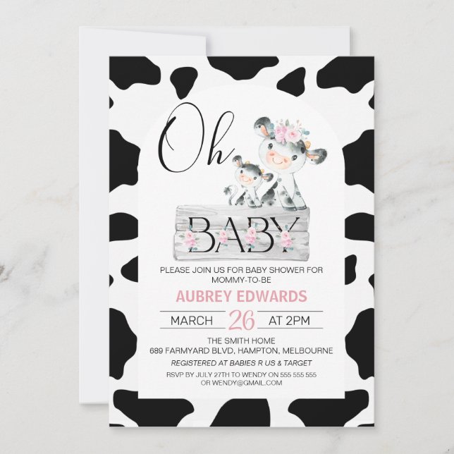 Rosa Blütenschwarze Kuh Print Baby Dusche Einladung (Vorderseite)