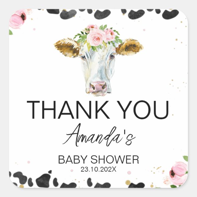 Rosa Blütenschwarze Kuh Print Baby Dusche Quadratischer Aufkleber (Vorderseite)