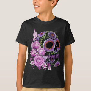 Rosa Blütenschwarzer Zucker-Schädeltag der Toten T-Shirt