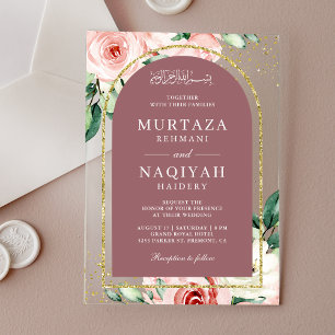 Rosa Blütenstaub-Rosa Bogen Muslimische Hochzeit Acryleinladungen