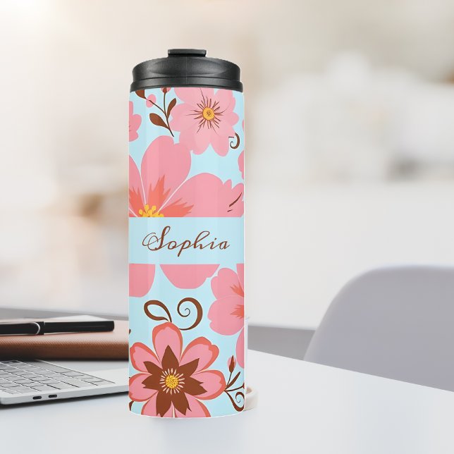 Rosa Blütenstimmung - Pastel Vibes-Retro Blume Thermosbecher (Pink Floral Mood –Pastel Vibes-Thermal Tumbler)