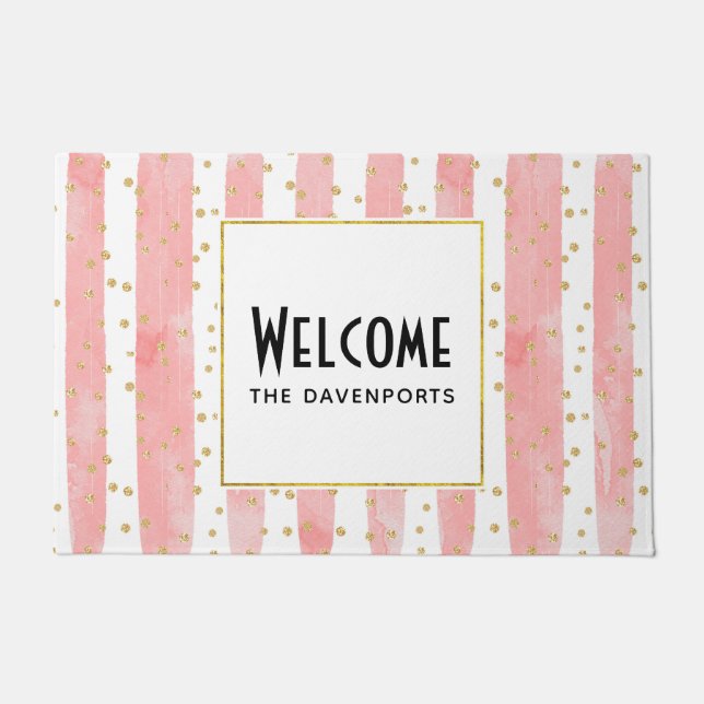 Rosa Blütenstreifen | Imitate Gold Confetti Willko Fußmatte (Vorderseite)