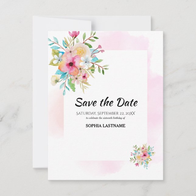 Rosa Blütensüß 16 Save the Date flache Karte (Vorderseite)