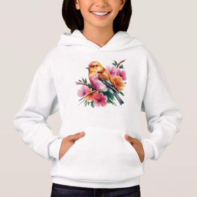 Rosa Blütenvogel Hoodie (Vorderseite)