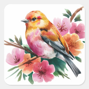 Rosa Blütenvogel Quadratischer Aufkleber