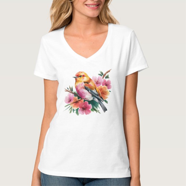 Rosa Blütenvogel T-Shirt (Vorderseite)