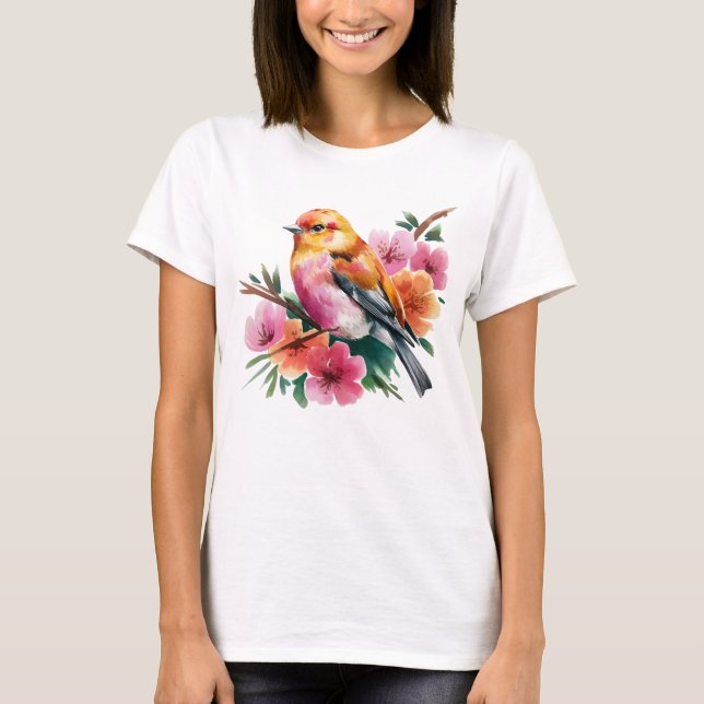 Rosa Blütenvogel T-Shirt (Vorderseite)