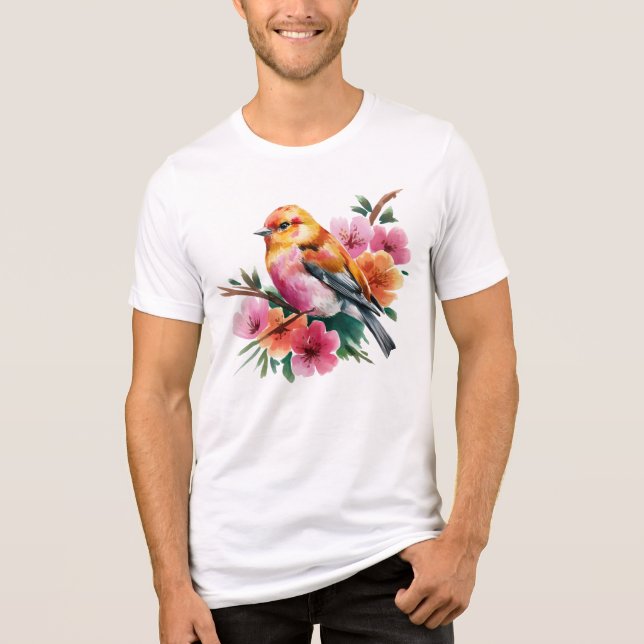 Rosa Blütenvogel Tri-Blend Shirt (Vorderseite)