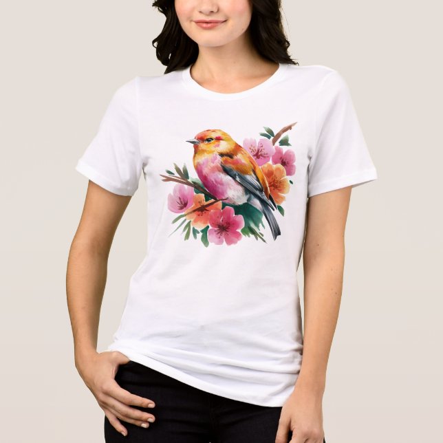 Rosa Blütenvogel Tri-Blend Shirt (Vorderseite)