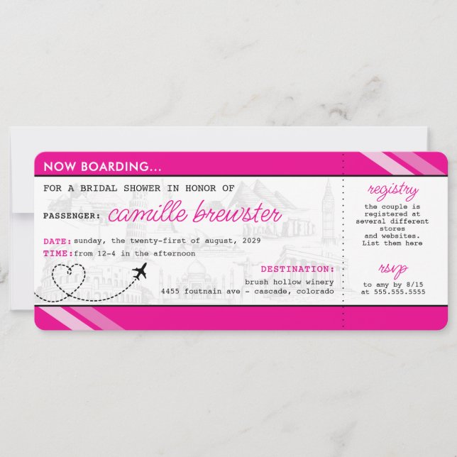 Rosa Boarding Pass Brautparty Einladung (Vorderseite)