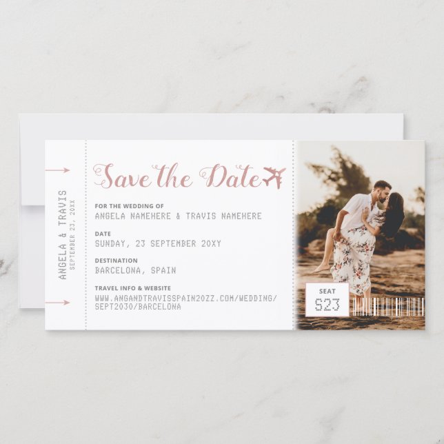 Rosa Boarding Pass Ziel Save the Date (Vorderseite)