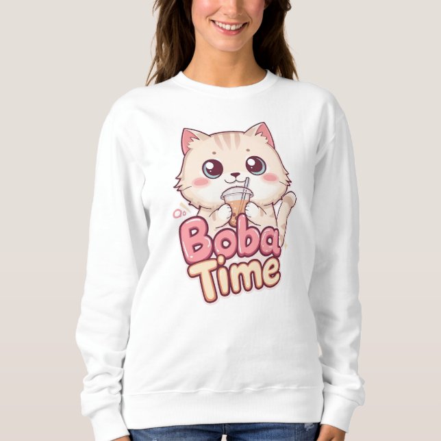 Rosa Boba Tea and Cat Illustration Sweatshirt (Vorderseite)