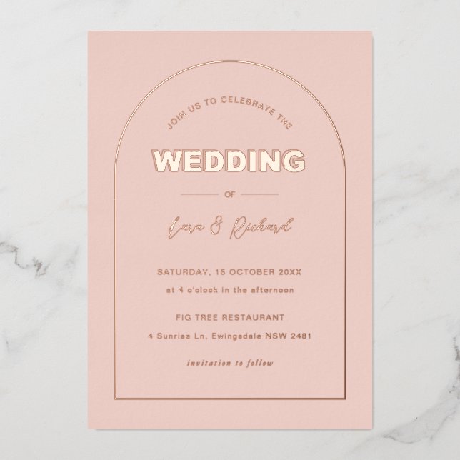 Rosa Bögen Moderne, fette Schriftart Hochzeit Folieneinladung (Vorderseite)