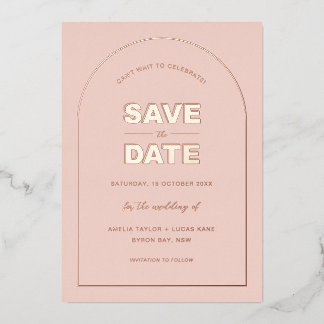 Rosa Bögen Moderner, formatierter Text Save the Da Folieneinladung (Vorderseite)