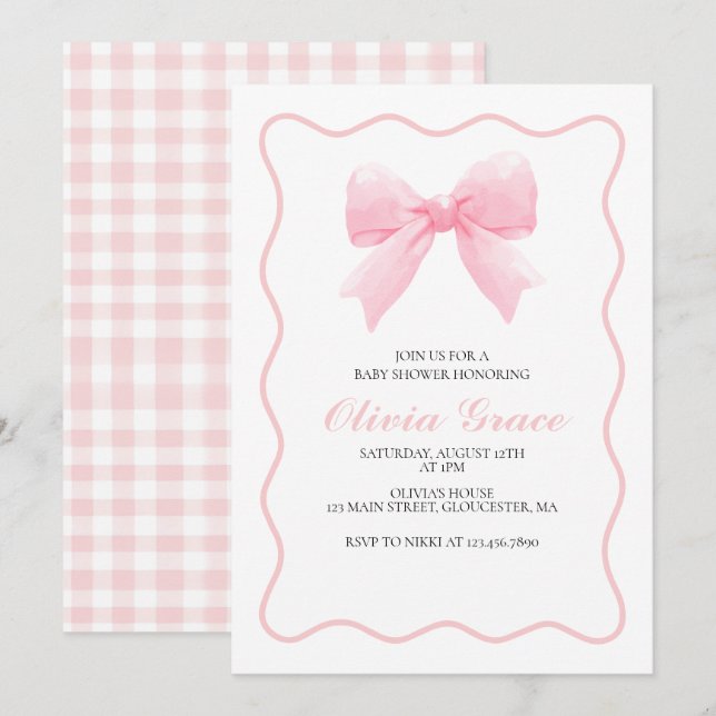 Rosa Bogen und Gingham-Babydusche Einladung (Vorne/Hinten)