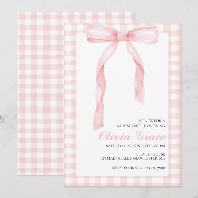 Rosa Bogen und Gingham-Babydusche Einladung (Vorne/Hinten)