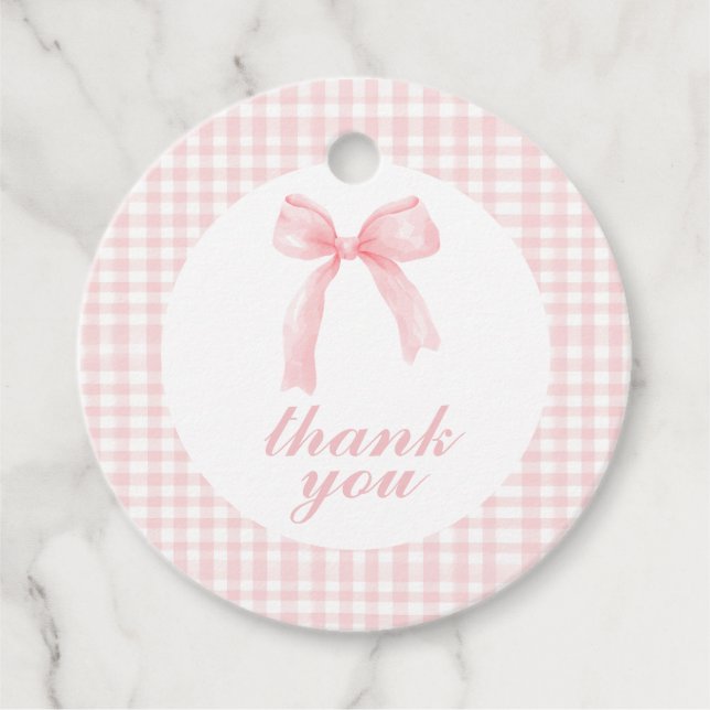 Rosa Bogen und Gingham-Babydusche Geschenkanhänger (Vorderseite)
