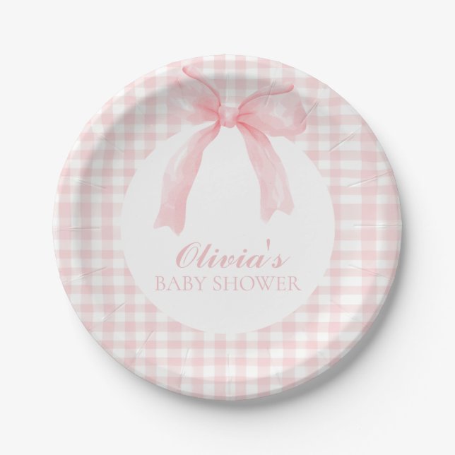 Rosa Bogen und Gingham-Babydusche Pappteller (Vorderseite)