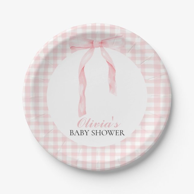 Rosa Bogen und Gingham-Babydusche Pappteller (Vorderseite)