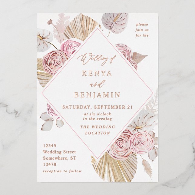 Rosa Boho Blues Hochzeitspazierweg Folieneinladung (Vorderseite)