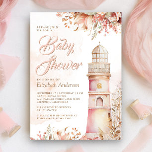 Rosa Boho Blumen Leuchtturm Babyparty Einladung