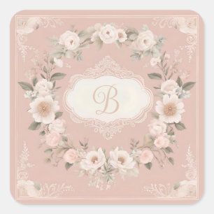 Rosa Boho-Blumen-Monogramm Quadratischer Aufkleber