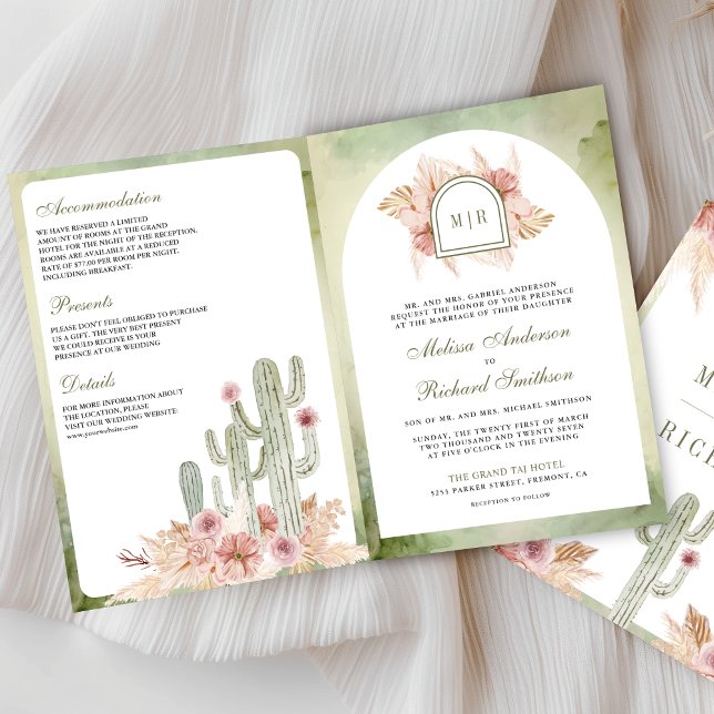 Rosa Boho Blumen Pampas Kactus QR Code Hochzeit Einladung (Von Creator hochgeladen)