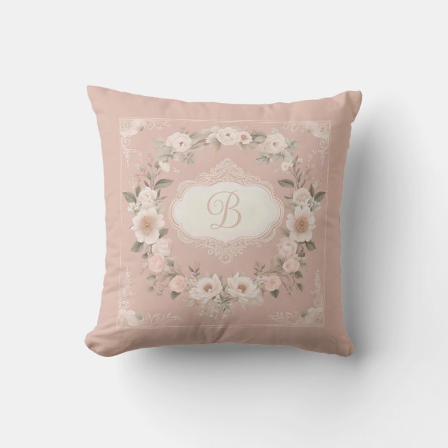 Rosa Boho-Blumenmonogramm Kissen (Vorderseite)