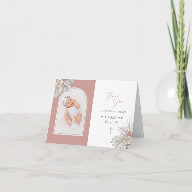 Rosa Boho Blumentaufe Faltes Arch Foto Collage Dankeskarte (Vorderseite)