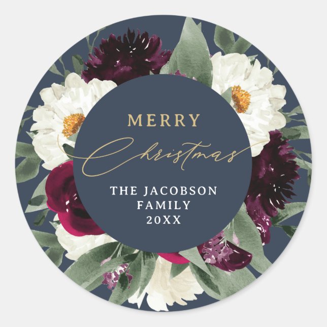 ROSA Boho Burgundy Floral Navy Frohe Weihnachten Runder Aufkleber (Vorderseite)