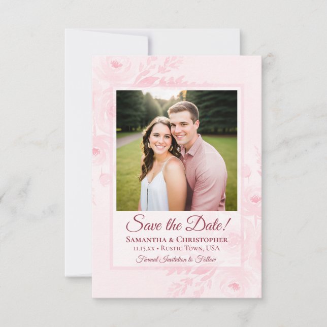 Rosa Boho Chic Pfingstrosen & Foto-Hochzeit Save The Date (Vorderseite)