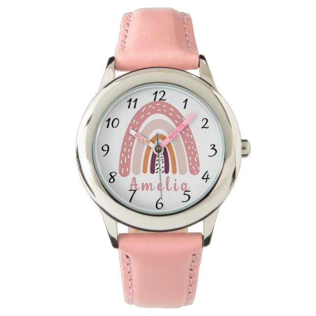 Rosa Boho Regenbogen mit Personalisiertem Namen Armbanduhr (Vorderseite)