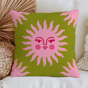 Rosa Boho-Sonnen-Gesicht auf grünem BOHO-Chic-Myst Kissen