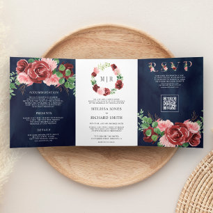 Rosa Bordeaux Blumen Hochzeit Navy QR-Code Dreifach Gefaltete Einladung