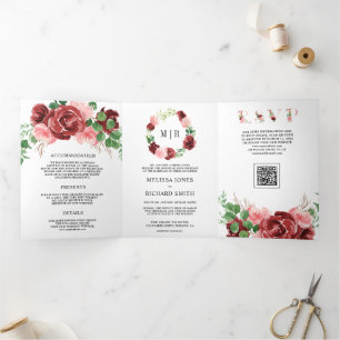 Rosa Bordeaux Blumen Hochzeit QR-Code Dreifach Gefaltete Einladung