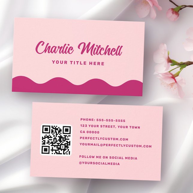 Rosa bordeauxrotes Retro-Namenswunder, Wavy-Wellen Visitenkarte (Pink burgundy retro name wavy waves border business card)