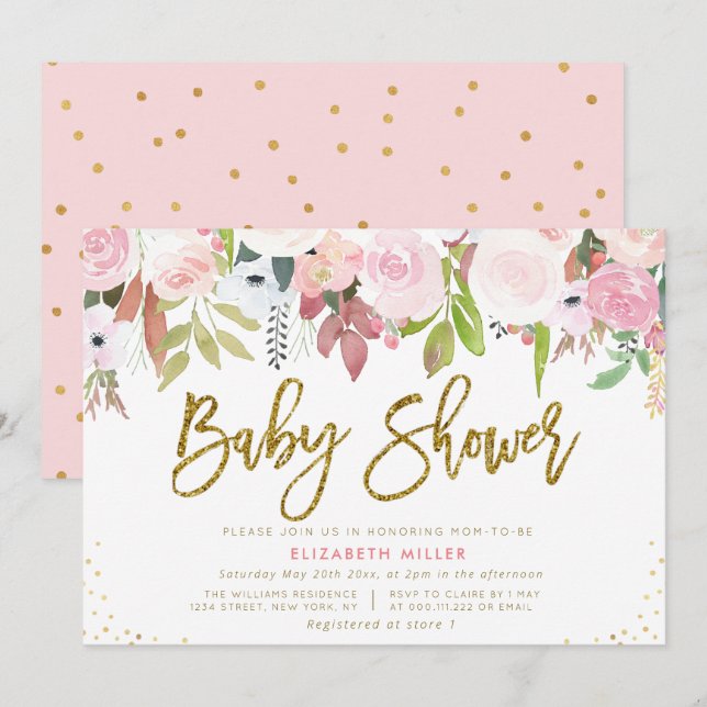 Rosa botanische Babydusche Einladung (Vorne/Hinten)