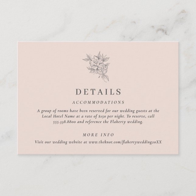 Rosa Botanische Hochzeitdetails Begleitkarte (Vorderseite)