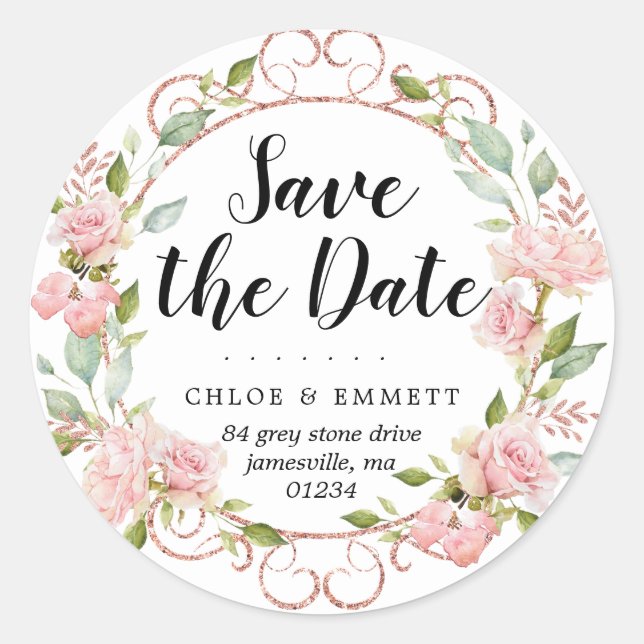 Rosa botanische Save the Date Rücksendeadressen-Au Runder Aufkleber (Vorderseite)