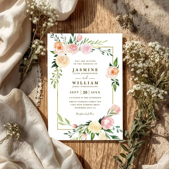 Rosa botanischer Kranz rustikale QR-Code-Hochzeit Einladung (Von Creator hochgeladen)