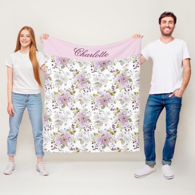 Rosa botanischer Wildblumen-Monogramm-Name Fleecedecke (Beispiel)