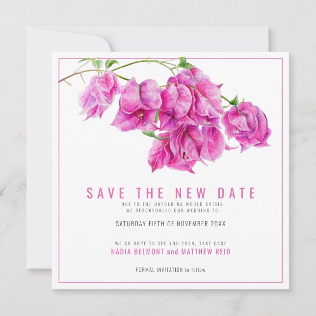 Rosa Bougainvillea rettete das neue Datum Hochzeit Save The Date (Vorderseite)