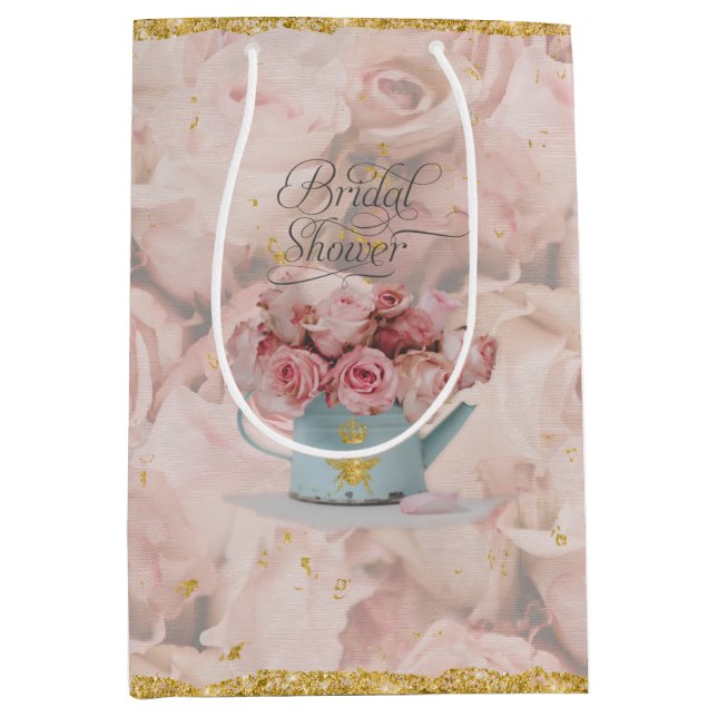 Rosa Bouquet Gold Bee Crown Blue Teapot Bridge Mittlere Geschenktüte (Vorderseite)