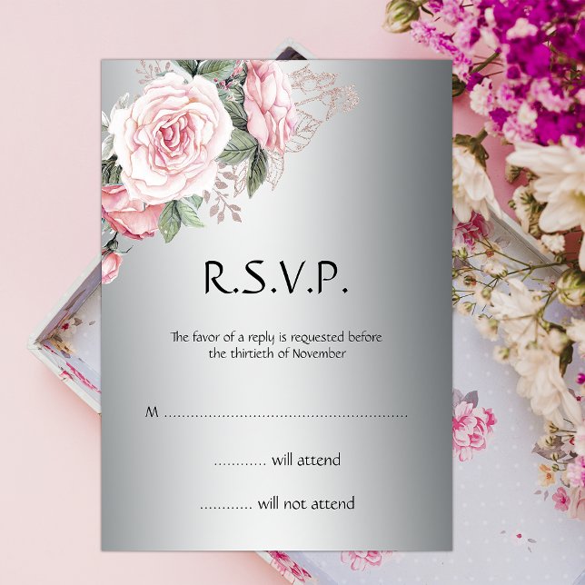 Rosa Bouquet und Silver Elegance Wedding RSVP Einladung (Von Creator hochgeladen)