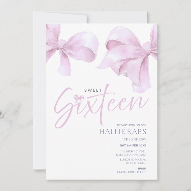 Rosa Bow 16 . Geburtstag Einladung, 16. Geburtstag Einladung (Vorderseite)
