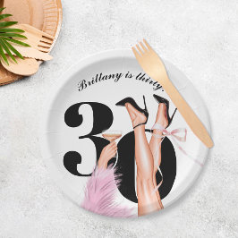 Rosa Bow & Cocktails Coquette Modern 30. Geburtsta Pappteller