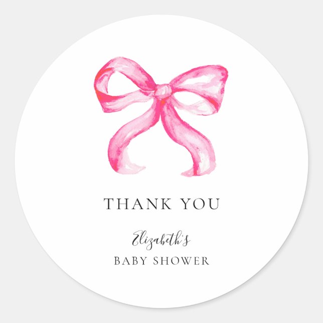 Rosa Bow Coquette Baby Dusche Minimal Elegant Runder Aufkleber (Vorderseite)